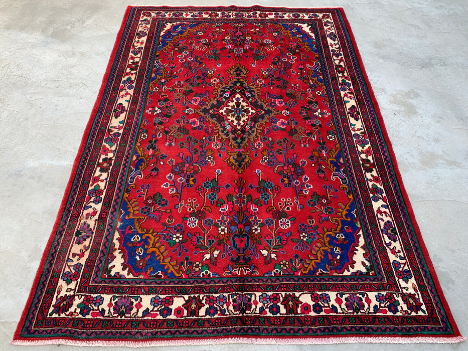 Handgemaakt Perzisch wollen vloerkleed 7x10 - Rood, ivoor & blauw Perzisch stijl kleed met bloemenmedaillon - Exacte afmeting 9'11" x 6'11" - KBHM-805