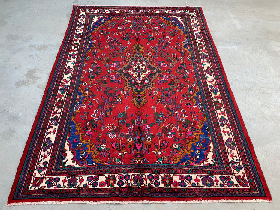 Handgemaakt Perzisch wollen vloerkleed 7x10 - Rood, ivoor & blauw Perzisch stijl kleed met bloemenmedaillon - Exacte afmeting 9'11" x 6'11" - KBHM-805