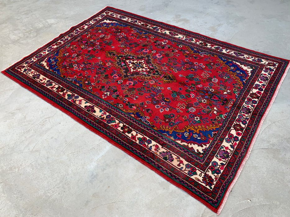 Handgemaakt Perzisch wollen vloerkleed 7x10 - Rood, ivoor & blauw Perzisch stijl kleed met bloemenmedaillon - Exacte afmeting 9'11" x 6'11" - KBHM-805