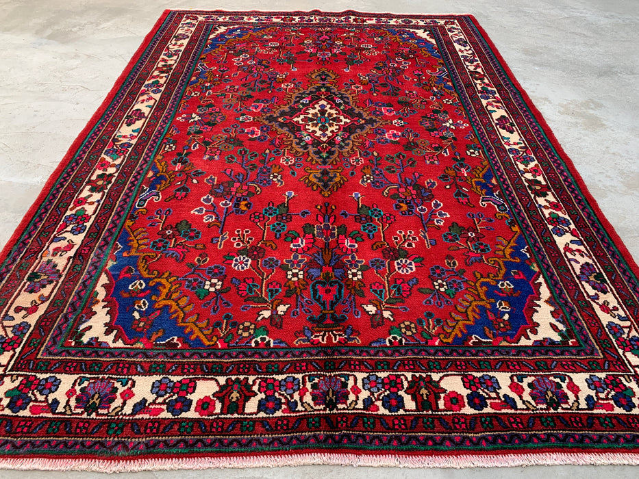 Handgemaakt Perzisch wollen vloerkleed 7x10 - Rood, ivoor & blauw Perzisch stijl kleed met bloemenmedaillon - Exacte afmeting 9'11" x 6'11" - KBHM-805
