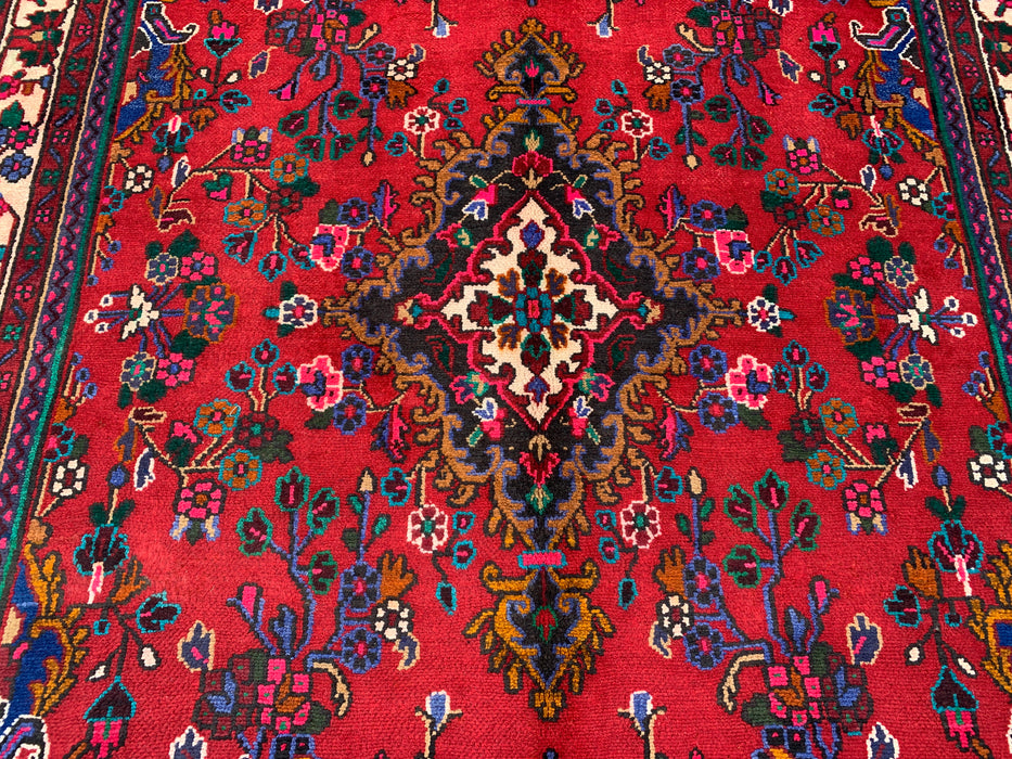Handgemaakt Perzisch wollen vloerkleed 7x10 - Rood, ivoor & blauw Perzisch stijl kleed met bloemenmedaillon - Exacte afmeting 9'11" x 6'11" - KBHM-805