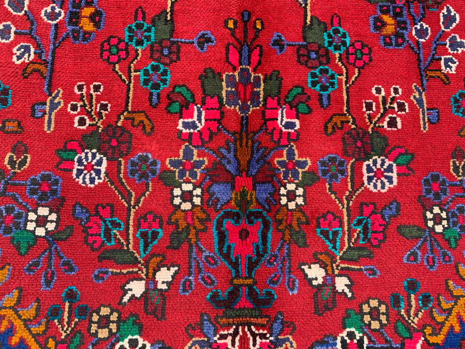 Handgemaakt Perzisch wollen vloerkleed 7x10 - Rood, ivoor & blauw Perzisch stijl kleed met bloemenmedaillon - Exacte afmeting 9'11" x 6'11" - KBHM-805