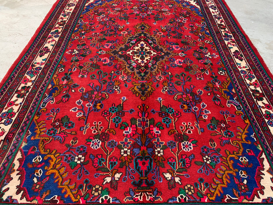 Handgemaakt Perzisch wollen vloerkleed 7x10 - Rood, ivoor & blauw Perzisch stijl kleed met bloemenmedaillon - Exacte afmeting 9'11" x 6'11" - KBHM-805
