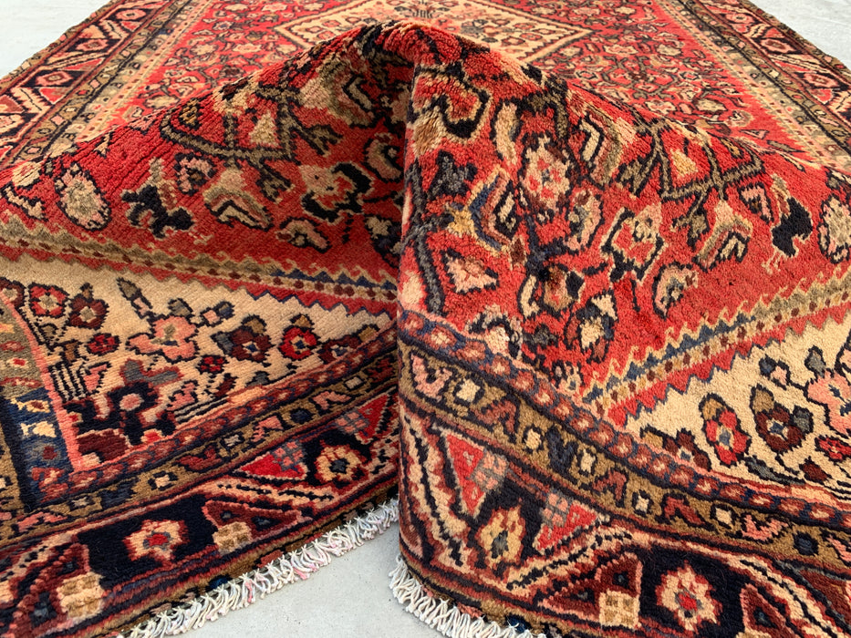 267 cm x 155 cm handgeknoopt Perzisch wollen tapijt – Rood, ivoor & marineblauw geometrisch medaillonontwerp – KBHM-807