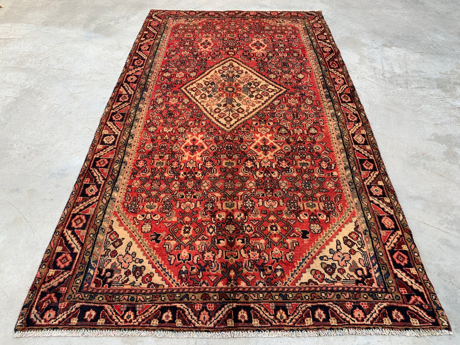 267 cm x 155 cm handgeknoopt Perzisch wollen tapijt – Rood, ivoor & marineblauw geometrisch medaillonontwerp – KBHM-807