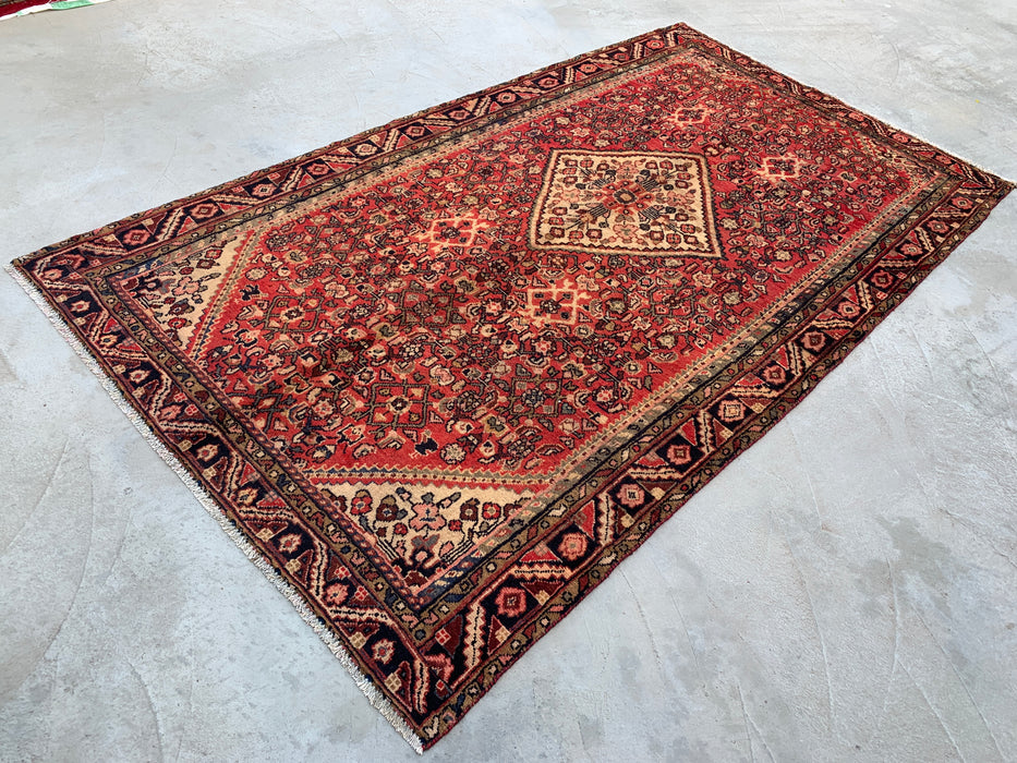 267 cm x 155 cm handgeknoopt Perzisch wollen tapijt – Rood, ivoor & marineblauw geometrisch medaillonontwerp – KBHM-807