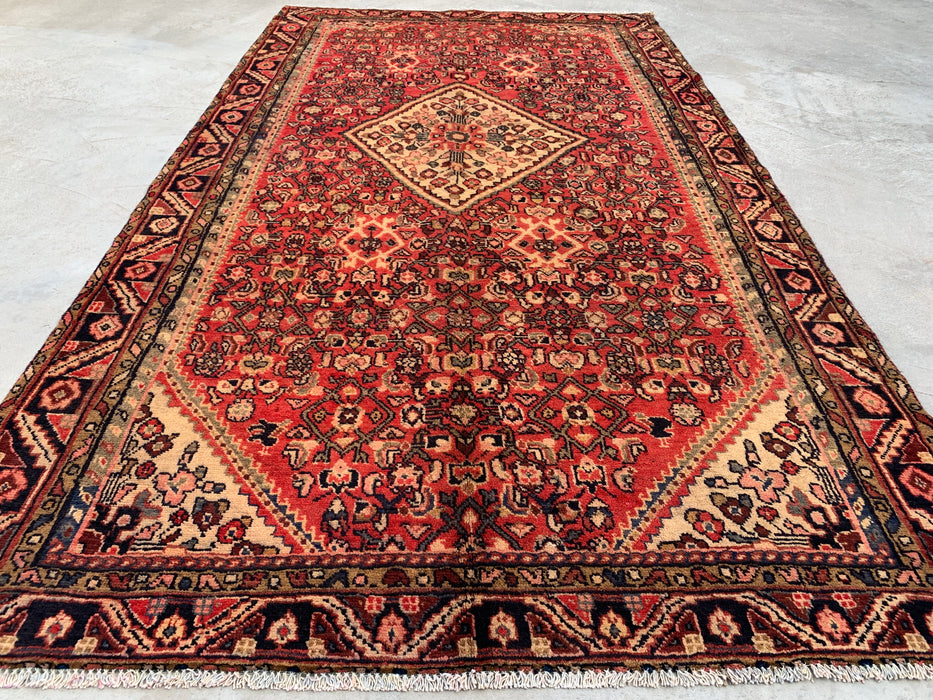 267 cm x 155 cm handgeknoopt Perzisch wollen tapijt – Rood, ivoor & marineblauw geometrisch medaillonontwerp – KBHM-807