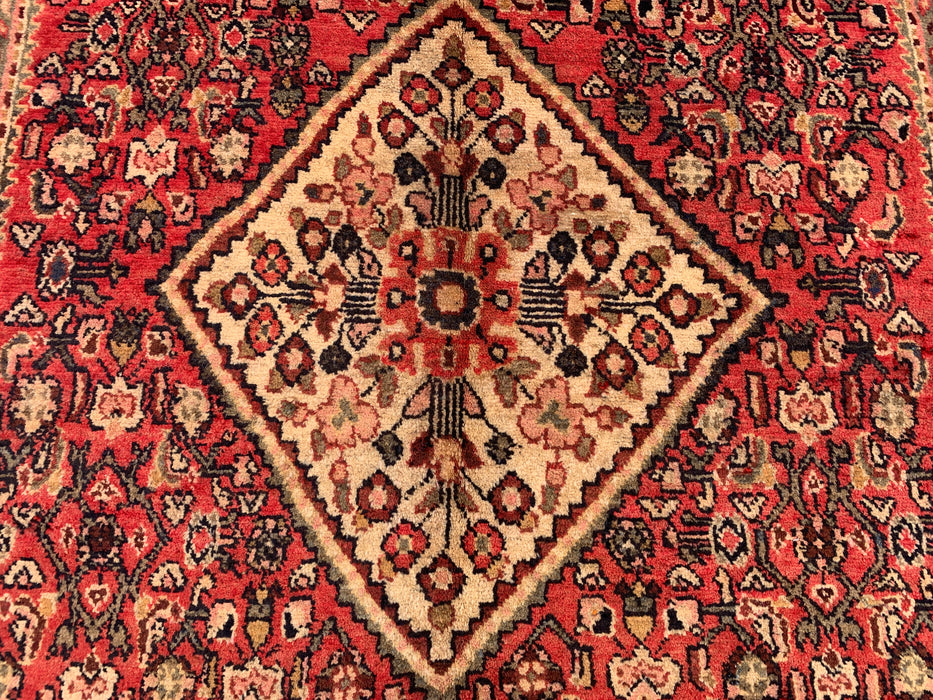 267 cm x 155 cm handgeknoopt Perzisch wollen tapijt – Rood, ivoor & marineblauw geometrisch medaillonontwerp – KBHM-807