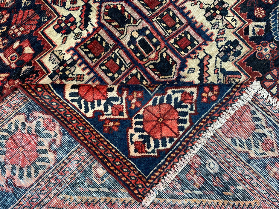 Handgemaakt Perzisch wollen vloerkleed 7x10 - Marineblauw, ivoor & rood tribaal medaillon Perzische stijl vloerkleed - Exacte afmeting 9'6" x 6'3" - KBHM-809