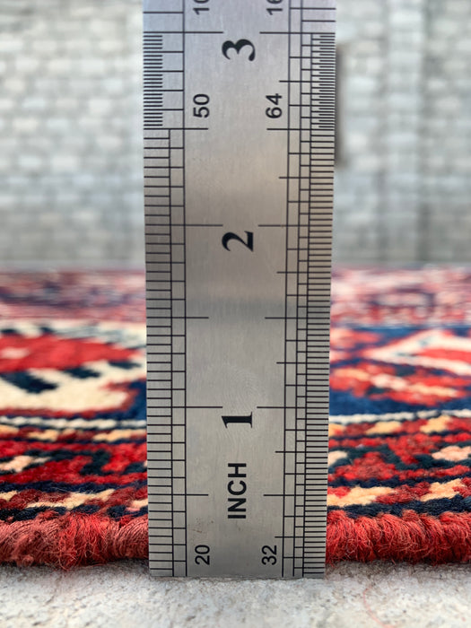 Handgemaakt Perzisch wollen vloerkleed 7x10 - Marineblauw, ivoor & rood tribaal medaillon Perzische stijl vloerkleed - Exacte afmeting 9'6" x 6'3" - KBHM-809
