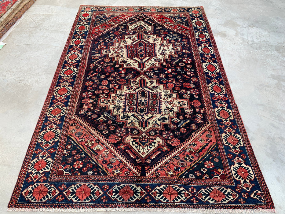 Handgemaakt Perzisch wollen vloerkleed 7x10 - Marineblauw, ivoor & rood tribaal medaillon Perzische stijl vloerkleed - Exacte afmeting 9'6" x 6'3" - KBHM-809
