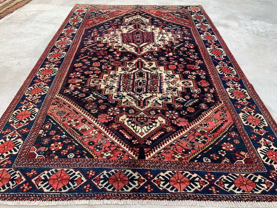 Handgemaakt Perzisch wollen vloerkleed 7x10 - Marineblauw, ivoor & rood tribaal medaillon Perzische stijl vloerkleed - Exacte afmeting 9'6" x 6'3" - KBHM-809