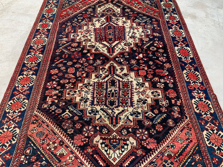 Handgemaakt Perzisch wollen vloerkleed 7x10 - Marineblauw, ivoor & rood tribaal medaillon Perzische stijl vloerkleed - Exacte afmeting 9'6" x 6'3" - KBHM-809