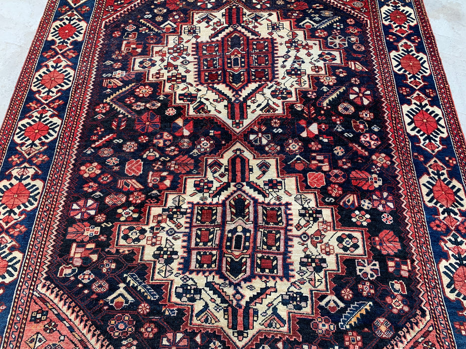 Handgemaakt Perzisch wollen vloerkleed 7x10 - Marineblauw, ivoor & rood tribaal medaillon Perzische stijl vloerkleed - Exacte afmeting 9'6" x 6'3" - KBHM-809