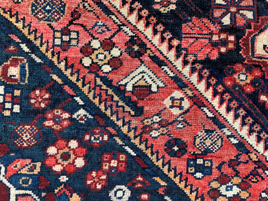 Handgemaakt Perzisch wollen vloerkleed 7x10 - Marineblauw, ivoor & rood tribaal medaillon Perzische stijl vloerkleed - Exacte afmeting 9'6" x 6'3" - KBHM-809