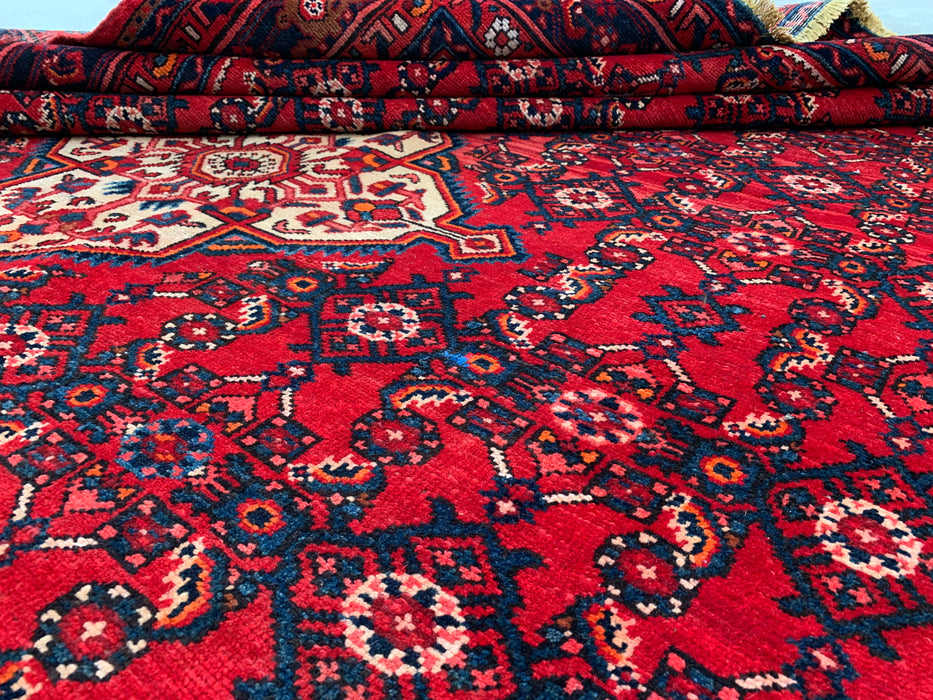 10'10" x 7'8" Hand-Knotted Persian Wool Rug – Red, Ivory & Navy Geometric Medallion Design – KBHM-810