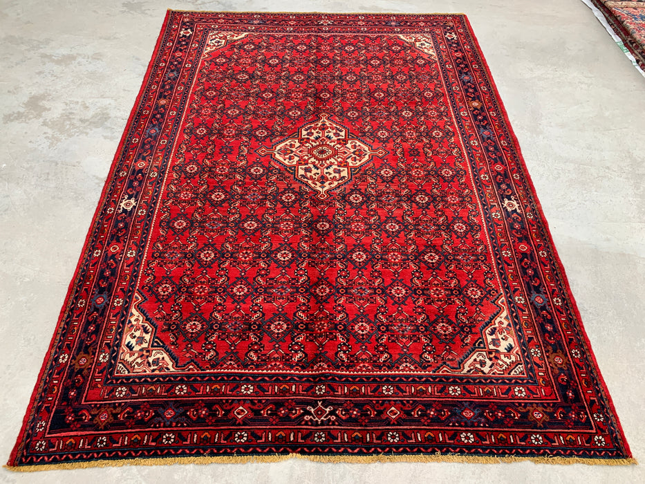 10'10" x 7'8" Hand-Knotted Persian Wool Rug – Red, Ivory & Navy Geometric Medallion Design – KBHM-810