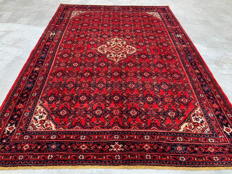 10'10" x 7'8" Hand-Knotted Persian Wool Rug – Red, Ivory & Navy Geometric Medallion Design – KBHM-810