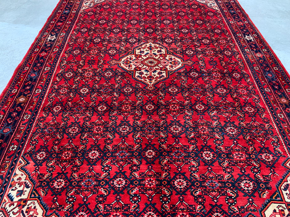 10'10" x 7'8" Hand-Knotted Persian Wool Rug – Red, Ivory & Navy Geometric Medallion Design – KBHM-810