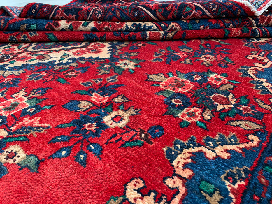289,6 cm x 215,9 cm handgeknoopt Perzisch wollen tapijt – Rood, marineblauw & ivoorkleurig bloemenmedaillonontwerp – KBHM-811