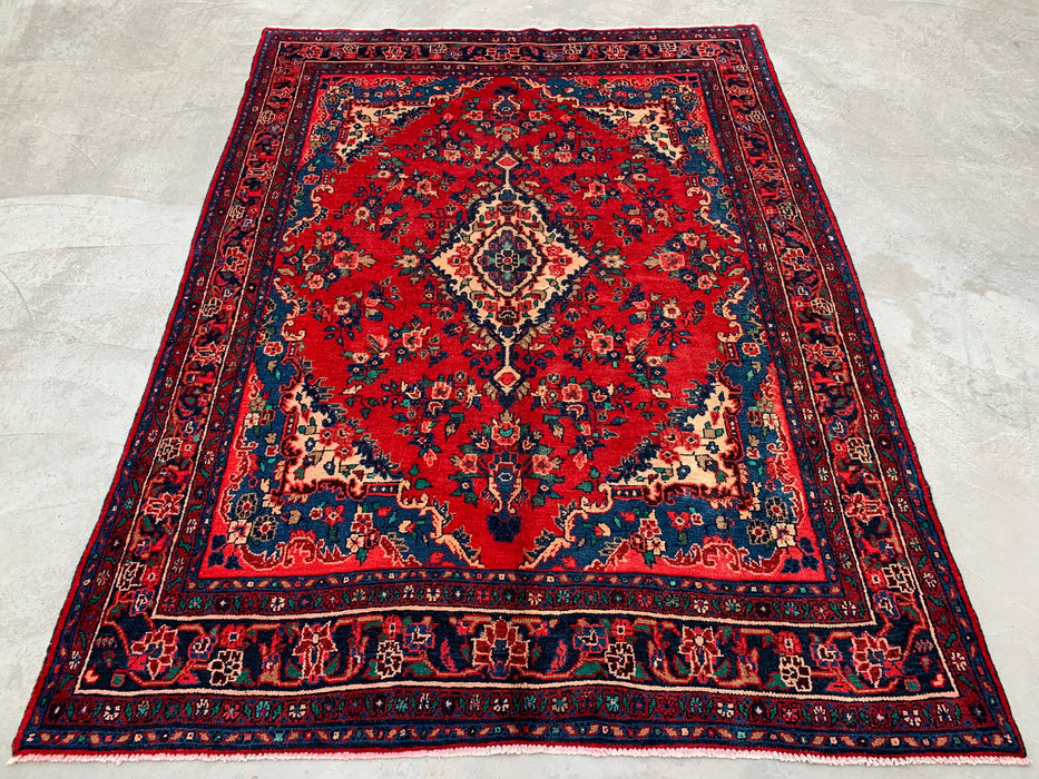 289,6 cm x 215,9 cm handgeknoopt Perzisch wollen tapijt – Rood, marineblauw & ivoorkleurig bloemenmedaillonontwerp – KBHM-811