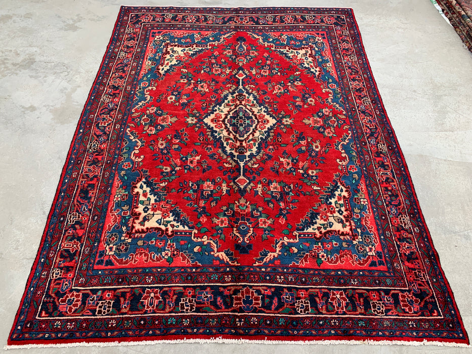 289,6 cm x 215,9 cm handgeknoopt Perzisch wollen tapijt – Rood, marineblauw & ivoorkleurig bloemenmedaillonontwerp – KBHM-811