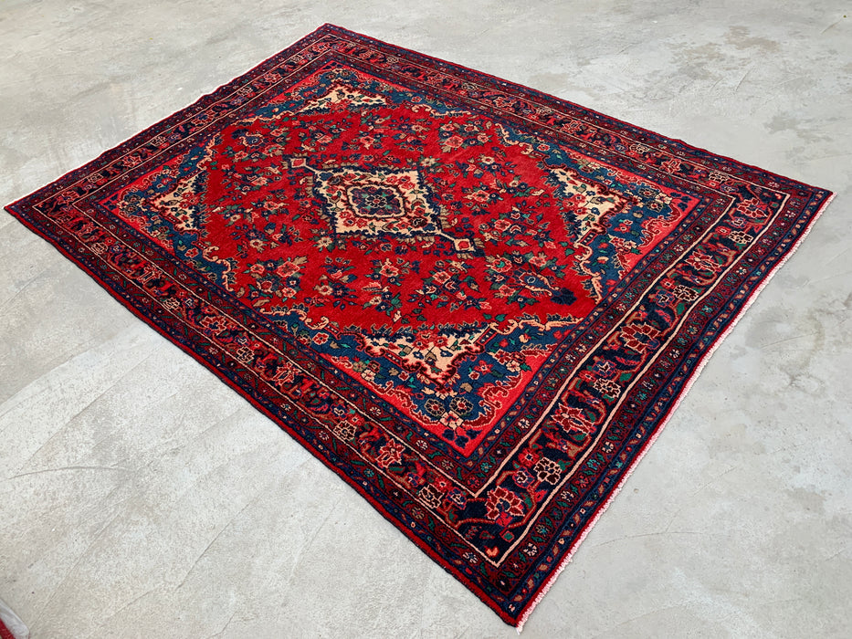 289,6 cm x 215,9 cm handgeknoopt Perzisch wollen tapijt – Rood, marineblauw & ivoorkleurig bloemenmedaillonontwerp – KBHM-811
