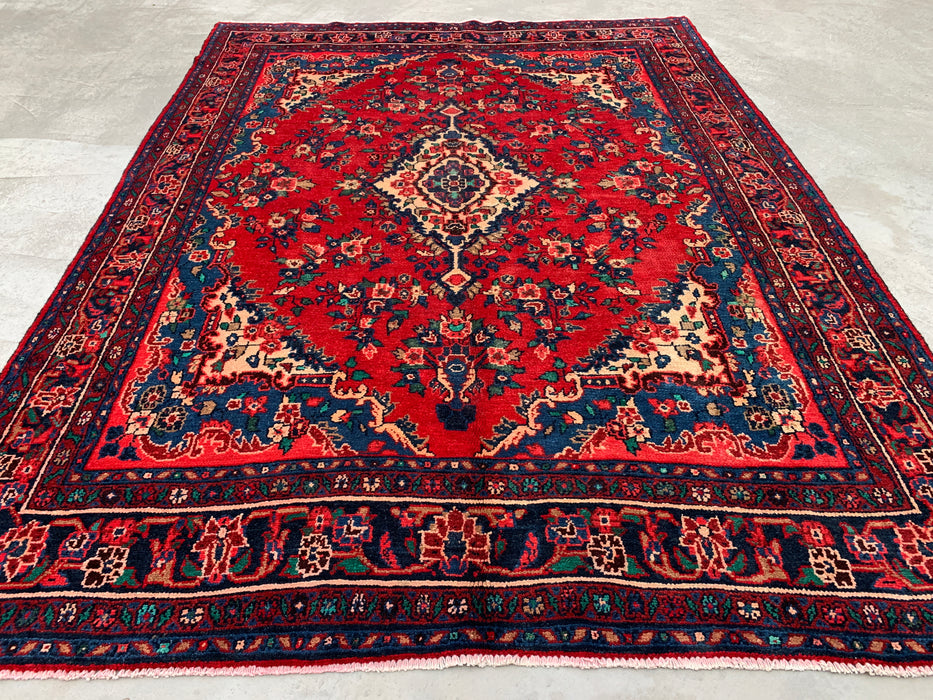 289,6 cm x 215,9 cm handgeknoopt Perzisch wollen tapijt – Rood, marineblauw & ivoorkleurig bloemenmedaillonontwerp – KBHM-811