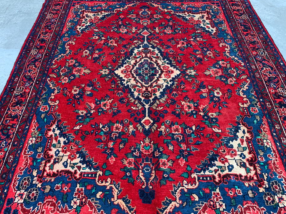 289,6 cm x 215,9 cm handgeknoopt Perzisch wollen tapijt – Rood, marineblauw & ivoorkleurig bloemenmedaillonontwerp – KBHM-811