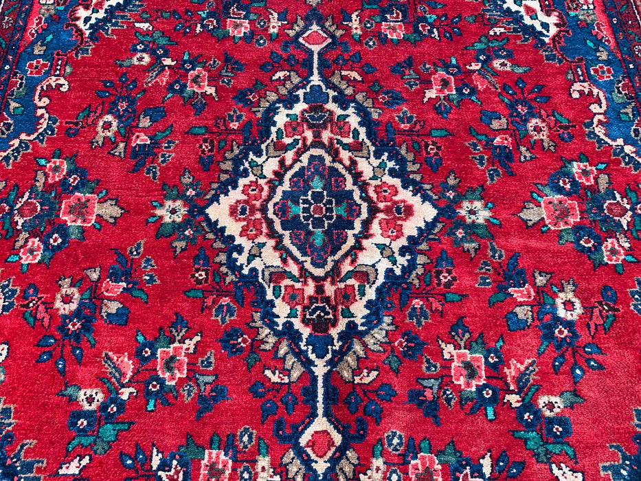 289,6 cm x 215,9 cm handgeknoopt Perzisch wollen tapijt – Rood, marineblauw & ivoorkleurig bloemenmedaillonontwerp – KBHM-811