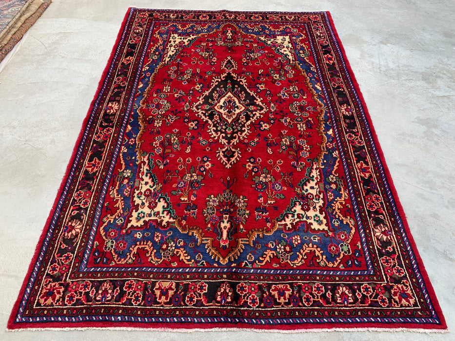 Handgemaakt Perzisch wollen vloerkleed 213x305 cm - Rood, blauw & ivoorkleurig Perzisch stijl kleed met bloemenmedaillon - Exacte afmeting 299 cm x 203 cm - KBHM-812