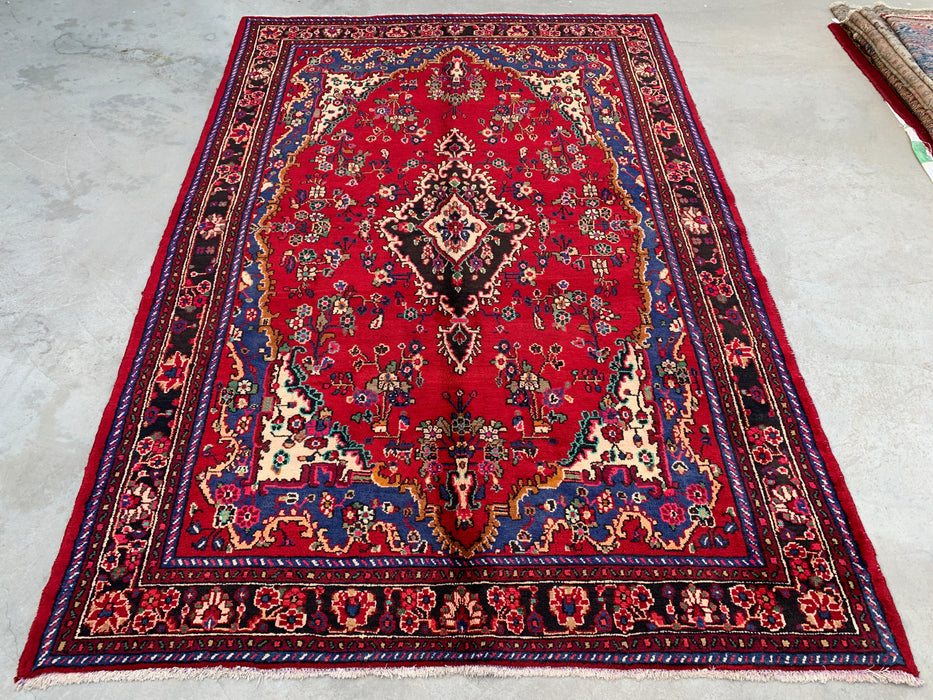 Handgemaakt Perzisch wollen vloerkleed 213x305 cm - Rood, blauw & ivoorkleurig Perzisch stijl kleed met bloemenmedaillon - Exacte afmeting 299 cm x 203 cm - KBHM-812