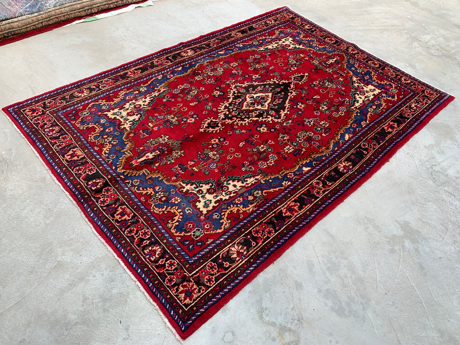 Handgemaakt Perzisch wollen vloerkleed 213x305 cm - Rood, blauw & ivoorkleurig Perzisch stijl kleed met bloemenmedaillon - Exacte afmeting 299 cm x 203 cm - KBHM-812