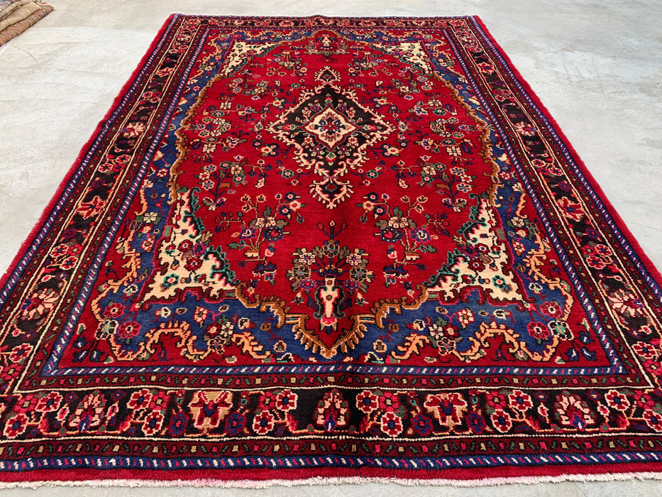Handgemaakt Perzisch wollen vloerkleed 213x305 cm - Rood, blauw & ivoorkleurig Perzisch stijl kleed met bloemenmedaillon - Exacte afmeting 299 cm x 203 cm - KBHM-812