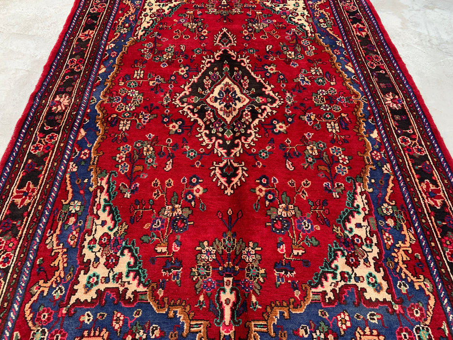 Handgemaakt Perzisch wollen vloerkleed 213x305 cm - Rood, blauw & ivoorkleurig Perzisch stijl kleed met bloemenmedaillon - Exacte afmeting 299 cm x 203 cm - KBHM-812