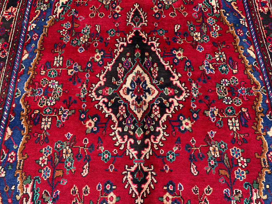 Handgemaakt Perzisch wollen vloerkleed 213x305 cm - Rood, blauw & ivoorkleurig Perzisch stijl kleed met bloemenmedaillon - Exacte afmeting 299 cm x 203 cm - KBHM-812
