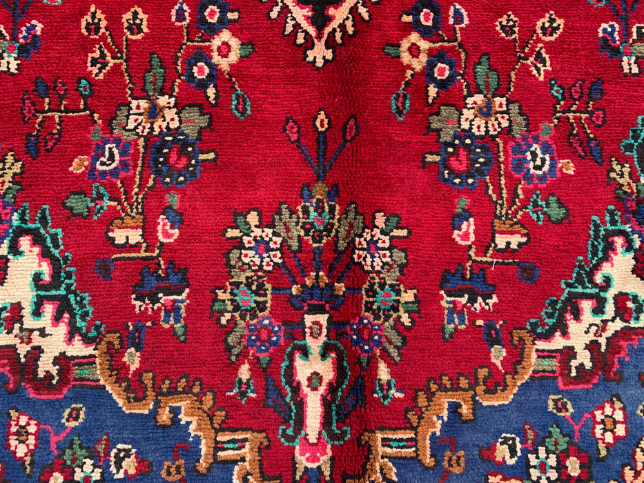 Handgemaakt Perzisch wollen vloerkleed 213x305 cm - Rood, blauw & ivoorkleurig Perzisch stijl kleed met bloemenmedaillon - Exacte afmeting 299 cm x 203 cm - KBHM-812