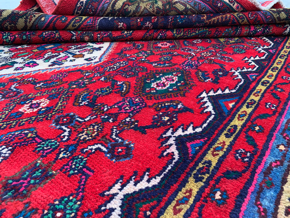 10'6" x 7'2" Handgeknoopt Perzisch wollen tapijt – Rood, ivoor & marineblauw tribaal medaillonontwerp – KBHM-813