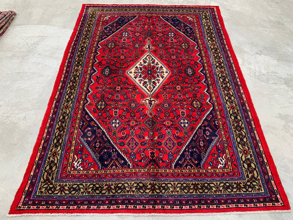 10'6" x 7'2" Handgeknoopt Perzisch wollen tapijt – Rood, ivoor & marineblauw tribaal medaillonontwerp – KBHM-813