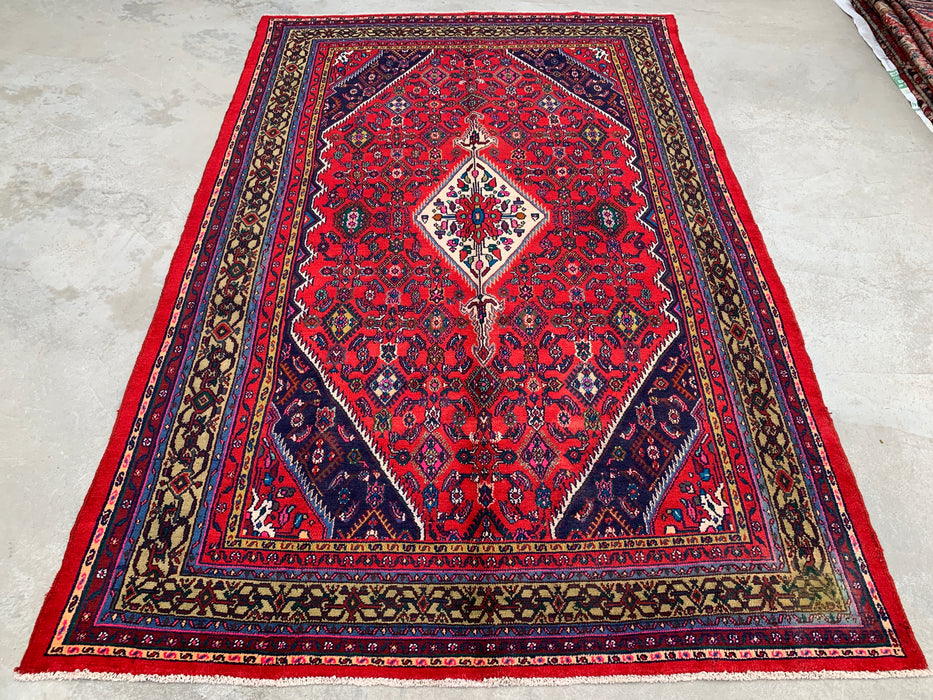 10'6" x 7'2" Handgeknoopt Perzisch wollen tapijt – Rood, ivoor & marineblauw tribaal medaillonontwerp – KBHM-813