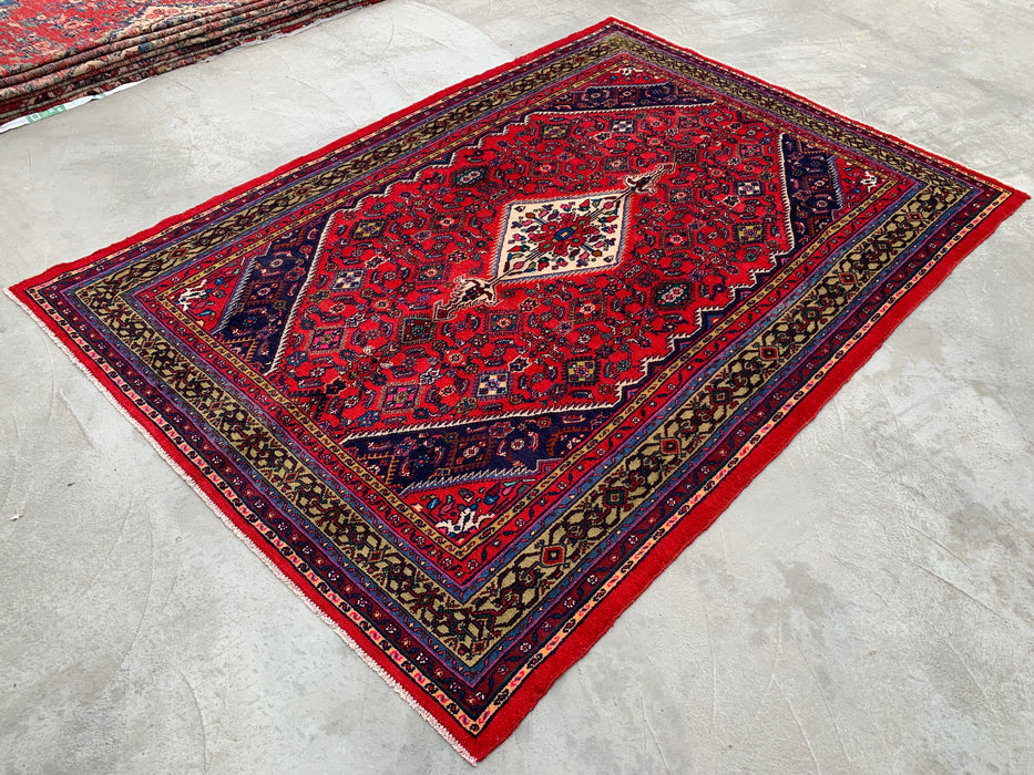 10'6" x 7'2" Handgeknoopt Perzisch wollen tapijt – Rood, ivoor & marineblauw tribaal medaillonontwerp – KBHM-813