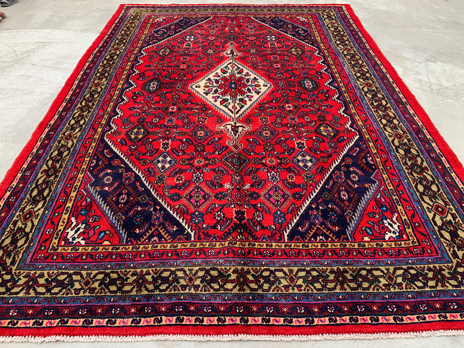 10'6" x 7'2" Handgeknoopt Perzisch wollen tapijt – Rood, ivoor & marineblauw tribaal medaillonontwerp – KBHM-813