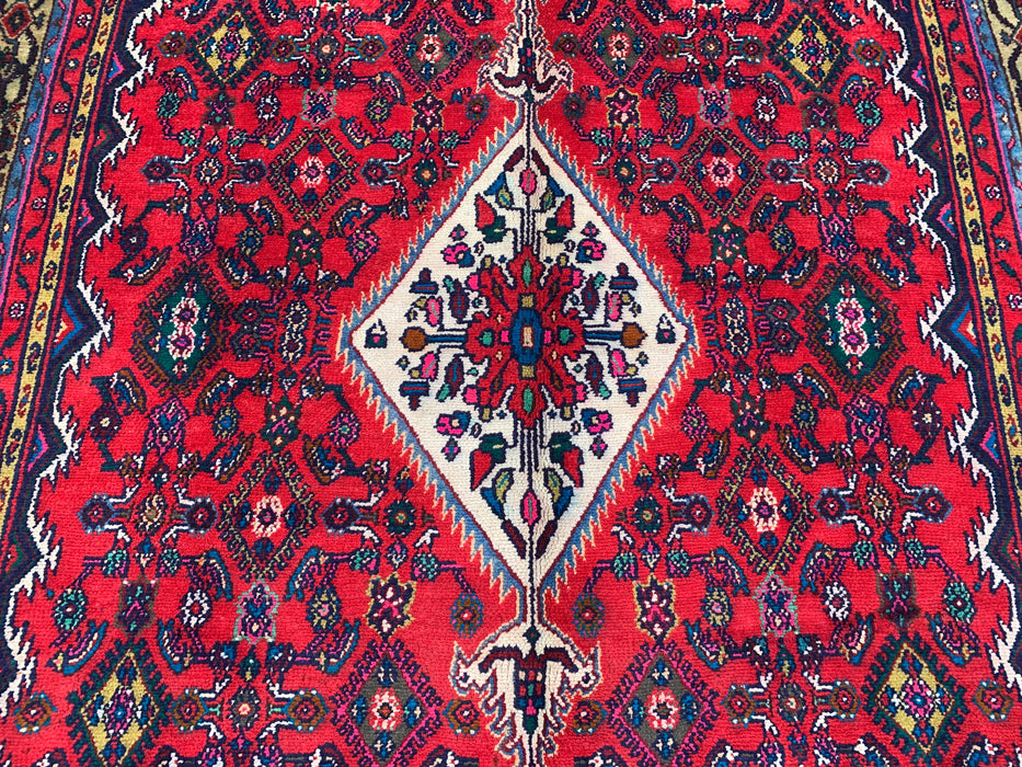 10'6" x 7'2" Handgeknoopt Perzisch wollen tapijt – Rood, ivoor & marineblauw tribaal medaillonontwerp – KBHM-813