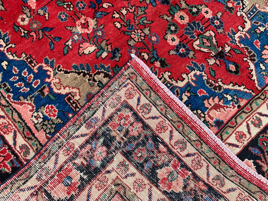 Handgemaakt Perzisch wollen vloerkleed 7x10 - Rood, blauw & ivoorkleurig Perzisch tapijt met bloemenmedaillon - Exacte afmeting 9'8" x 6'10" - KBHM-814