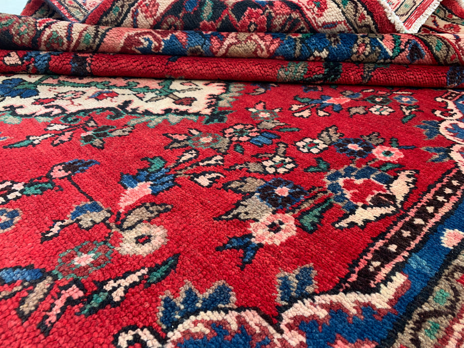 Handgemaakt Perzisch wollen vloerkleed 7x10 - Rood, blauw & ivoorkleurig Perzisch tapijt met bloemenmedaillon - Exacte afmeting 9'8" x 6'10" - KBHM-814