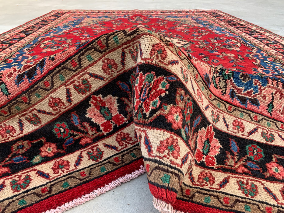 Handgemaakt Perzisch wollen vloerkleed 7x10 - Rood, blauw & ivoorkleurig Perzisch tapijt met bloemenmedaillon - Exacte afmeting 9'8" x 6'10" - KBHM-814
