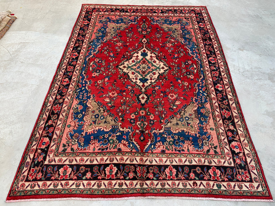 Handgemaakt Perzisch wollen vloerkleed 7x10 - Rood, blauw & ivoorkleurig Perzisch tapijt met bloemenmedaillon - Exacte afmeting 9'8" x 6'10" - KBHM-814