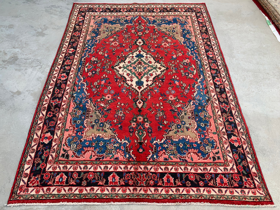 Handgemaakt Perzisch wollen vloerkleed 7x10 - Rood, blauw & ivoorkleurig Perzisch tapijt met bloemenmedaillon - Exacte afmeting 9'8" x 6'10" - KBHM-814