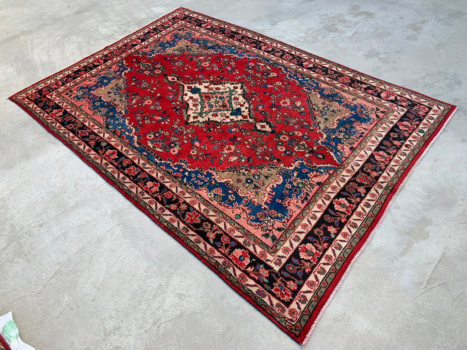 Handgemaakt Perzisch wollen vloerkleed 7x10 - Rood, blauw & ivoorkleurig Perzisch tapijt met bloemenmedaillon - Exacte afmeting 9'8" x 6'10" - KBHM-814