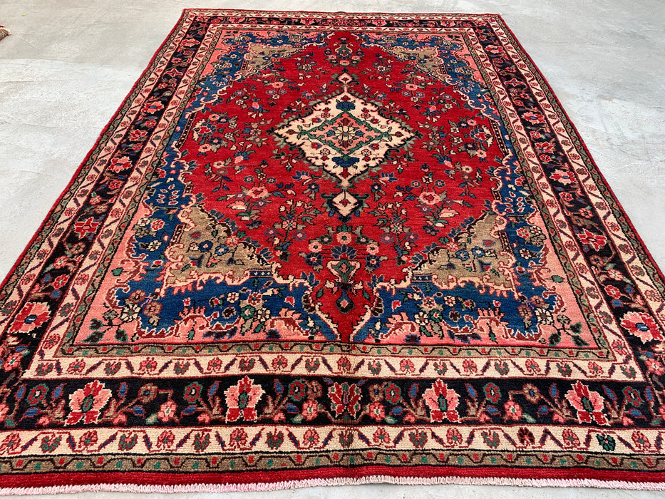 Handgemaakt Perzisch wollen vloerkleed 7x10 - Rood, blauw & ivoorkleurig Perzisch tapijt met bloemenmedaillon - Exacte afmeting 9'8" x 6'10" - KBHM-814